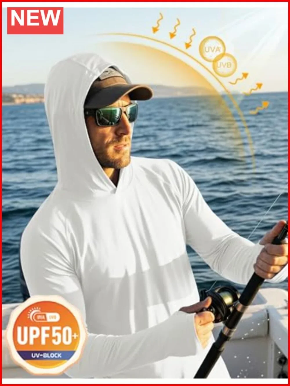 Men's UPF 50+ Sun Protection Long Sleeve Hooded Rash Guard Fishing Shirt